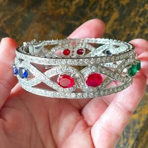 NWT Sterling Silver 925 Genuine Ruby/Emerald/Sapphire White Crystal wide bracele